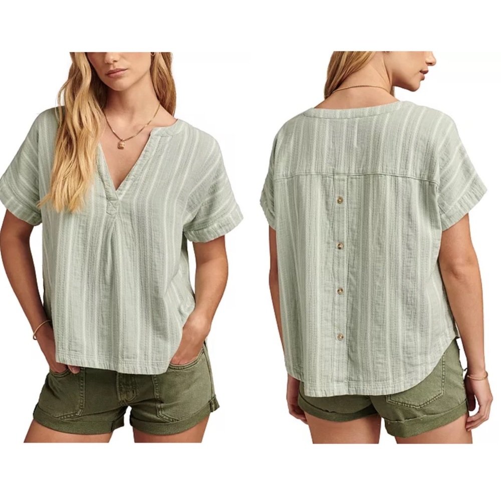 Lucky Brand Women's Popover Camp Light Sage Striped Split V Top Sz M
